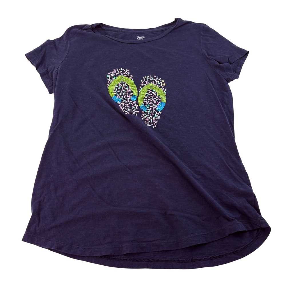 Crown & Ivy Navy Blue Sequin Flip Flop Graphic TShirt Womens Medium Short Sleeve